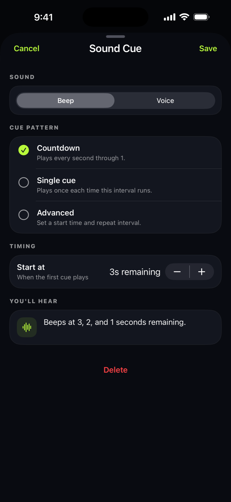 Sound Cue editor with a beep countdown beginning at three seconds