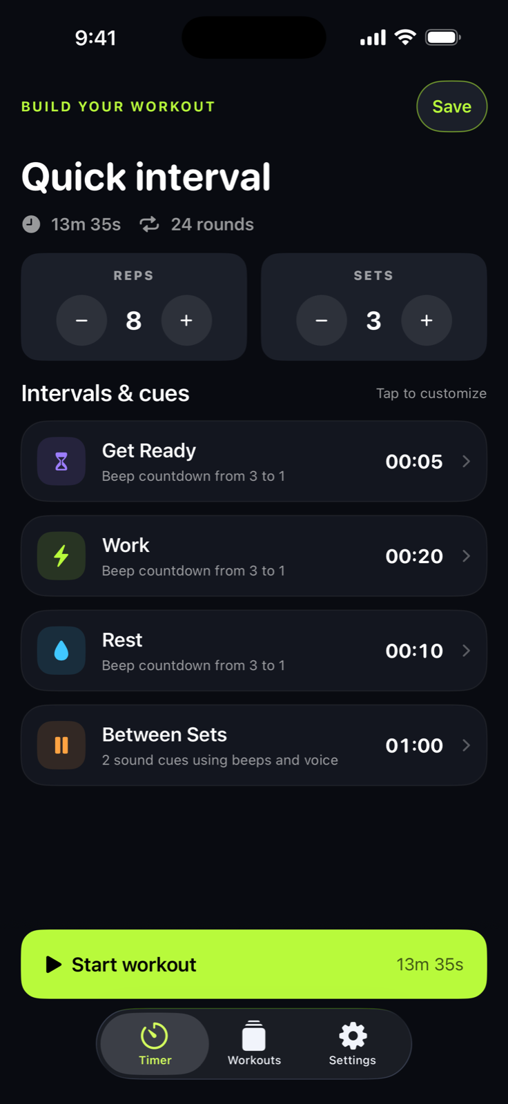 Sound Cue workout builder showing customizable reps, sets, and interval phases