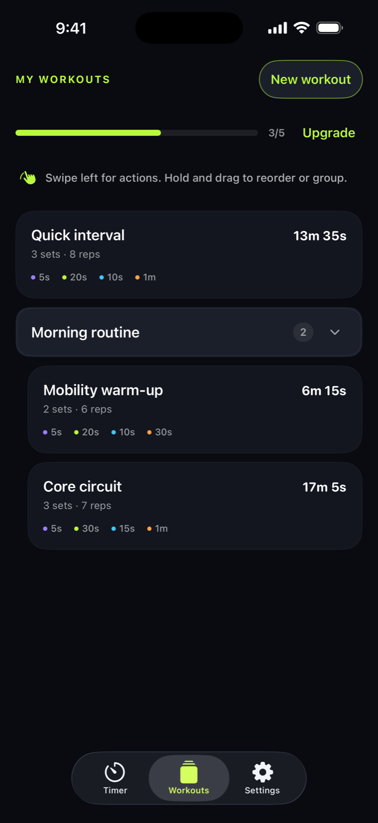 Sound Cue workout library with saved routines organized into groups